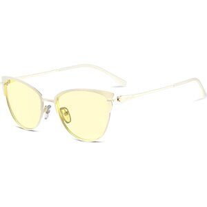 Women Gold Cat Eye Look Clear Frame Light Yellow Lens Anti Eyestrain Sunglasses